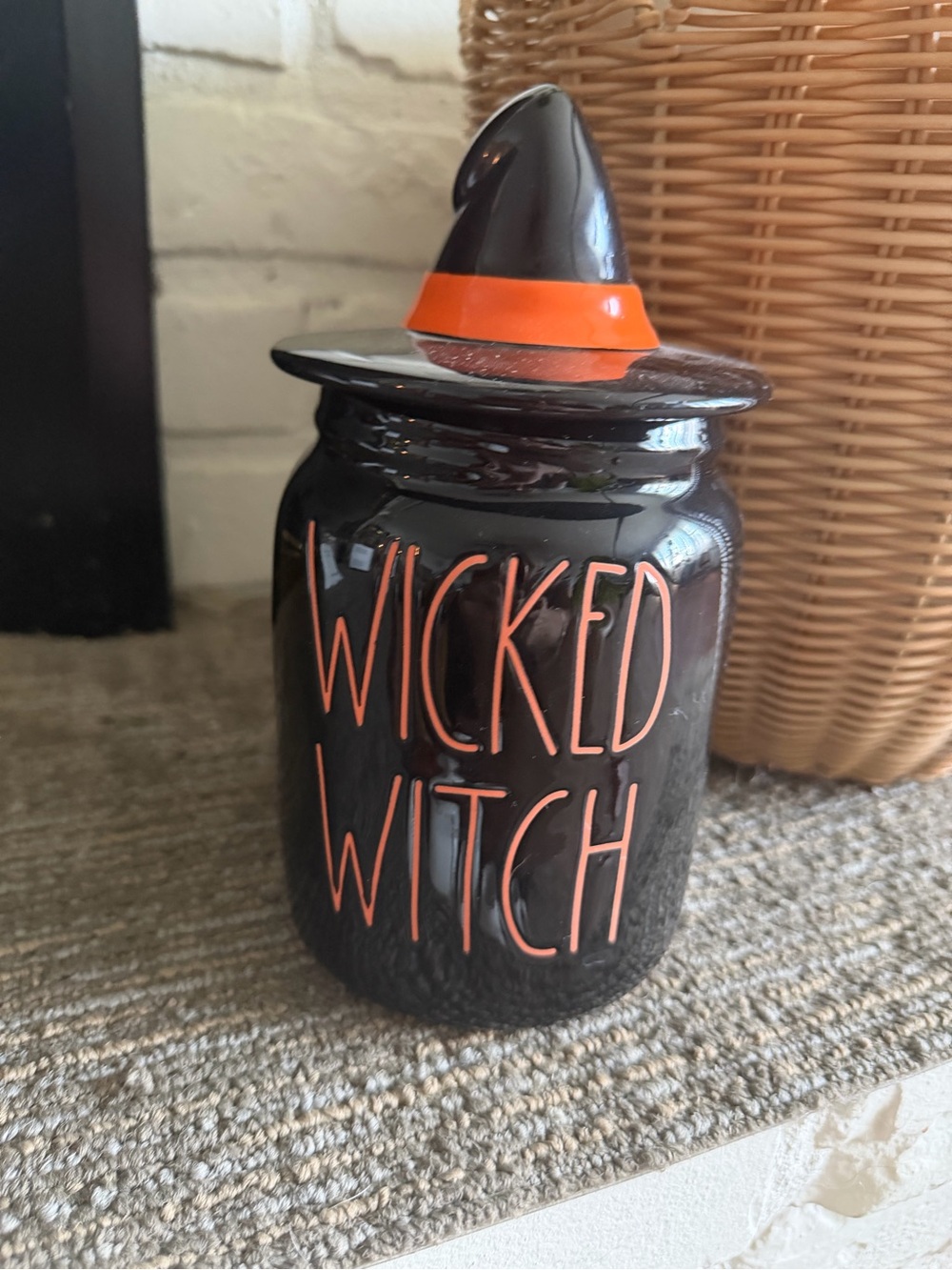 Rae Dunn Black Ceramic 'WICKED WITCH' Jar with Orange Accents
